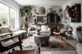 bohemian home with mix of vintage and modern decor, eclectic collection of furniture, and statement art