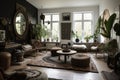 bohemian home with mix of vintage and modern decor, eclectic collection of furniture, and statement art