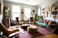 bohemian home with mix of vintage and modern decor, eclectic collection of furniture, and statement art