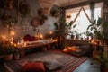 bohemian home with stunning plants, candles and plush pillows