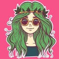Bohemian illustration of a hippie girl with green hair and sunglasses. Funky psychedelic woman Royalty Free Stock Photo