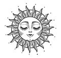 Bohemian illustration, stylized vintage design, sun with face and closed eyes, stylized drawing. Mystical element for design, logo