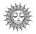 Bohemian illustration, stylized vintage design, sun and moon with face and closed eyes, engraving. Mystical design