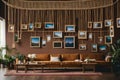 A bohemian-inspired living room with empty photo frames hanging from macram