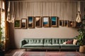 A bohemian-inspired living room with empty photo frames hanging from macram hangers