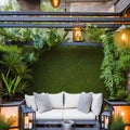 A bohemian-inspired outdoor patio with floor cushions, hanging lanterns, and lush greenery2, Generative AI