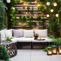 A bohemian-inspired outdoor patio with floor cushions, hanging lanterns, and lush greenery2, Generative AI