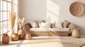 Bohemian interior design with daybed, white cushions, pampas grass in vase near the window for natural light. Cozy aesthetic