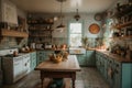 bohemian kitchen with vintage appliances, classic ceramic cookware and breakfast bar