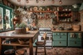 bohemian kitchen with vintage appliances, classic ceramic cookware and breakfast bar