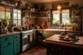 bohemian kitchen with vintage appliances, classic ceramic cookware and breakfast bar
