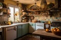 bohemian kitchen with vintage appliances, classic ceramic cookware and breakfast bar