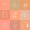Bohemian line logos collection. Balance and sun. Floral frame and landscape. Sunset design. Vector illustration