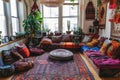 A bohemian living room filled with vibrant floor cushions and numerous colorful pillows, Bohemian living room with floor cushions