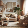 Bohemian living room interior with cozy beige couch, modern minimalist design of apartment