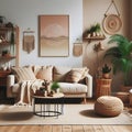 Bohemian living room interior with cozy beige couch, modern minimalist design of apartment. Created with generative AI