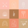 Bohemian logos collection. Rainbow and dreamcatcher. Crossed arrows and mountains. Vector stock illustration