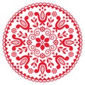 Bohemian mandala vectro design - Polish folk art vector pattern with flowers in red and white