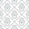 Hamsa hand seamless vector pattern, Khamsa or Hand of Fatima gray repetitive design, symbol of protection from devil eye backgroun