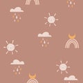 Bohemian rainbow pattern. Childish vector seamless pattern with sky, clouds, rain, sun, moon. Cute hand-drawn Royalty Free Stock Photo