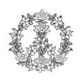 Bohemian rhapsody peace symbols with floral decor monochrome