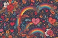 Bohemian romantic pattern happy Valentine day. Boho rainbow, heart and flower