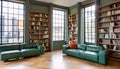 Bohemian room with large windows, wooden shelves full of books. American lifestyle. Home decor. Cozy home decoration.