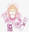 Poster with buddhist mantra `om tare tuttare` and beautiful female goddess