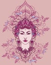 Bohemian royal asian woman in crown and peonies frame