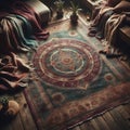 Bohemian rug with a distressed, vintage look in shades of burgn