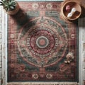 Bohemian rug with a distressed, vintage look in shades of burgn