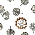 Bohemian seamless border pattern. Wooden bowls with white pebble stones and cotton yarn background. Boho hand drawn hygge