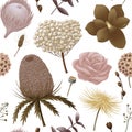 bohemian seamless pattern of dry tropical, blooming flowers in brown, pink, cream, beige colors on a white background