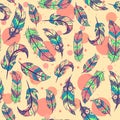 Bohemian seamless pattern with feathers and living coral circles. Repetitive aztec and boho chic background with colorful elements