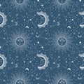 Bohemian seamless pattern with sun, moon, stars and constellation. Vintage style. Gypsy and hipster vector illustration