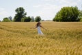 Bohemian style of clothing. girl dancing in a field in a beautiful white dress at sunset. beautiful carefree woman has windy hair Royalty Free Stock Photo