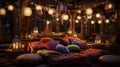 A bohemian-style lounge, adorned with colorful tapestries, floor pillows.