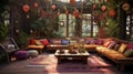 A bohemian-style lounge, adorned with colorful tapestries.