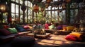 A bohemian-style lounge, adorned with colorful tapestries.