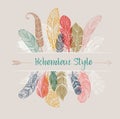 Bohemian style poster with gypsy colorful feathers