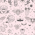 Bohemian style print. Line mystic elements, nature outline decorative background. Insects, snake, bat and stars and moon