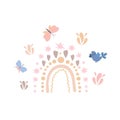 Bohemian style rainbow, little blue bird, cute butterflies simple flat cartoon vector illustration