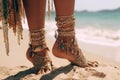 Bohemian styled girl wearing indian silver jewelry on the beach. Generative Ai Royalty Free Stock Photo