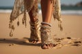 Bohemian styled girl wearing indian silver jewelry on the beach. Generative Ai Royalty Free Stock Photo