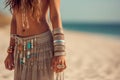 Bohemian styled girl wearing indian silver jewelry on the beach. Generative Ai Royalty Free Stock Photo