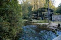 Bohemian Switzerland National Park, Czech Republic, 2 October 2021: Ruins of Dolsky mlyn at River Kamenice, old stone water mill