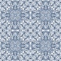 Bohemian symmetric seamless pattern. Blue and white repeated abstract texture