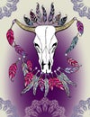 Beautiful hand drawn sketch illustration- the skull of a bull. Boho style print with feathers. Royalty Free Stock Photo