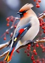 The Bohemian waxwing with a shaggy crest atop a head, songbird, that breeds in the northern forests