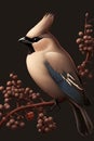 The Bohemian waxwing sits on a wild branch